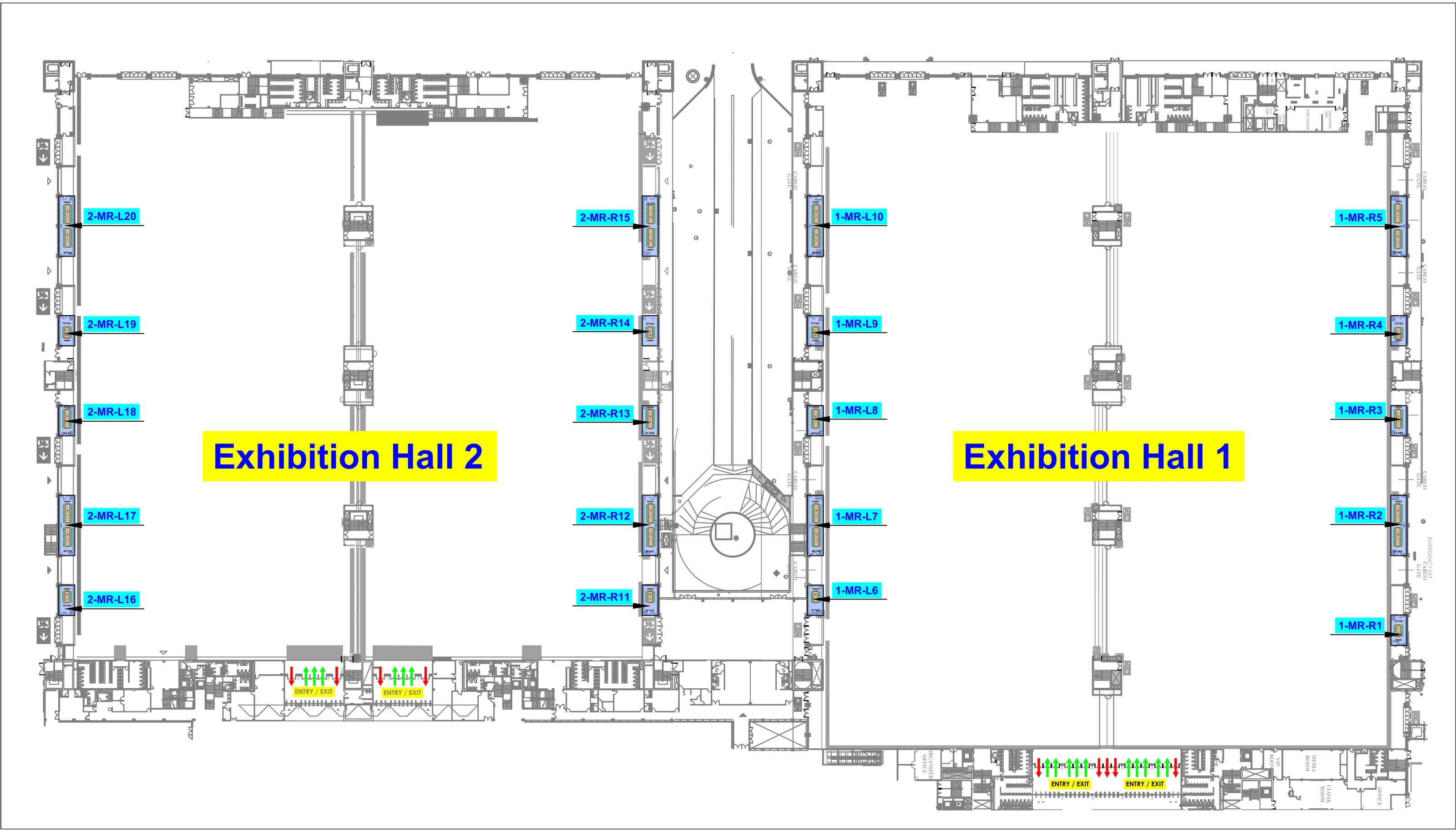 Floor plan of Yashobhoomi Exhibition Halls 1 and 2 showing the twenty meeting rooms along the outer walls