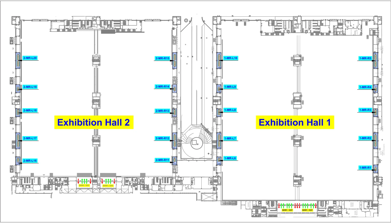 Floor plan of Yashobhoomi Exhibition Halls 1 and 2 showing the twenty meeting rooms along the outer walls